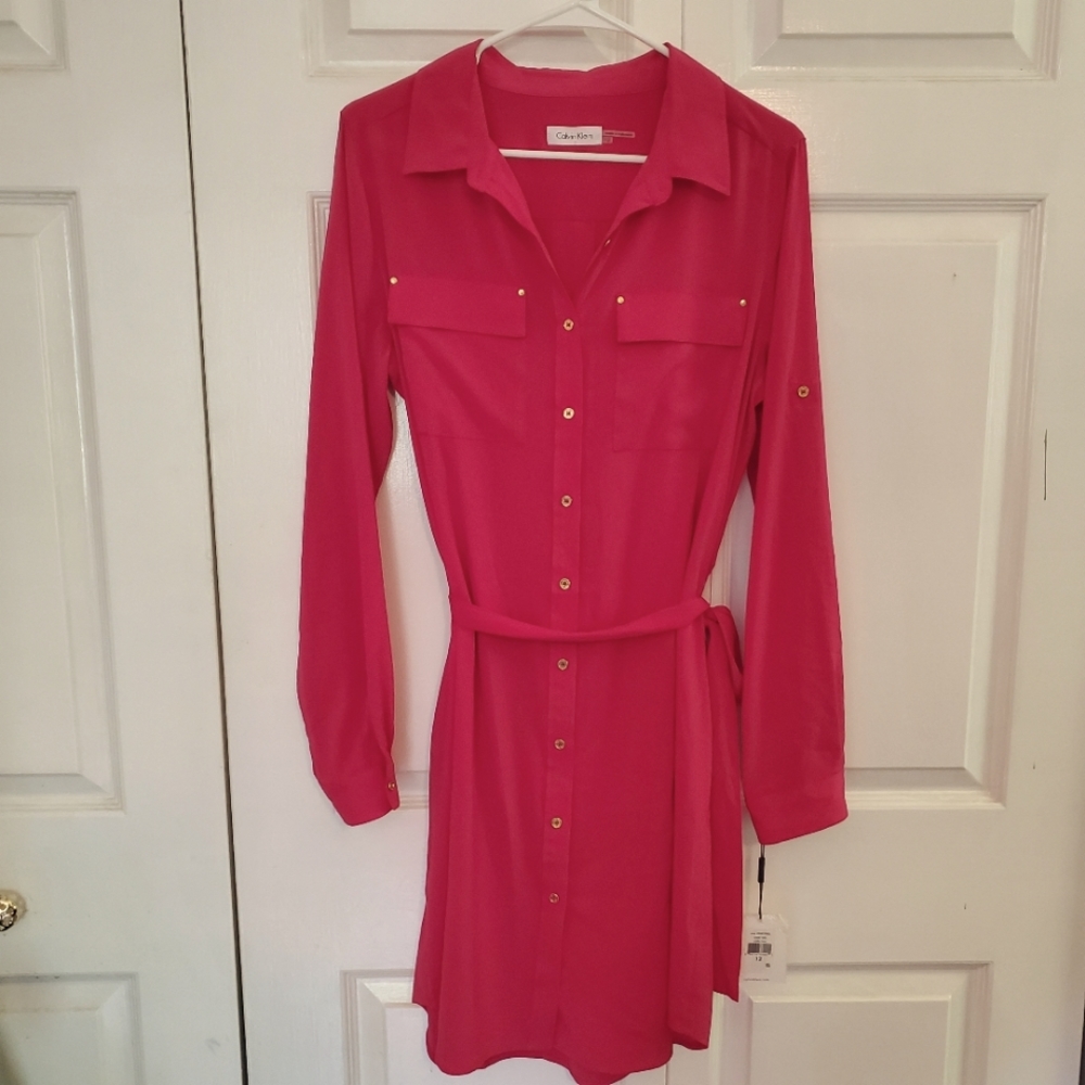 Calvin Klein Hot Pink Belted Shirt Dress NWT Size 12